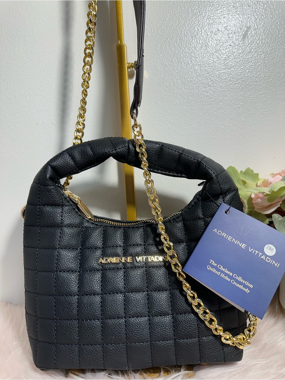 Adrienne Vittadini Black Quilted Hobo with Gold Chain Strap